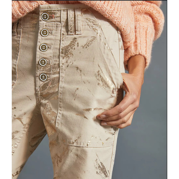 By Anthropologie The Wanderer Utility Pants in Gold Metallic Button Fly Size 28 - Picture 3 of 15